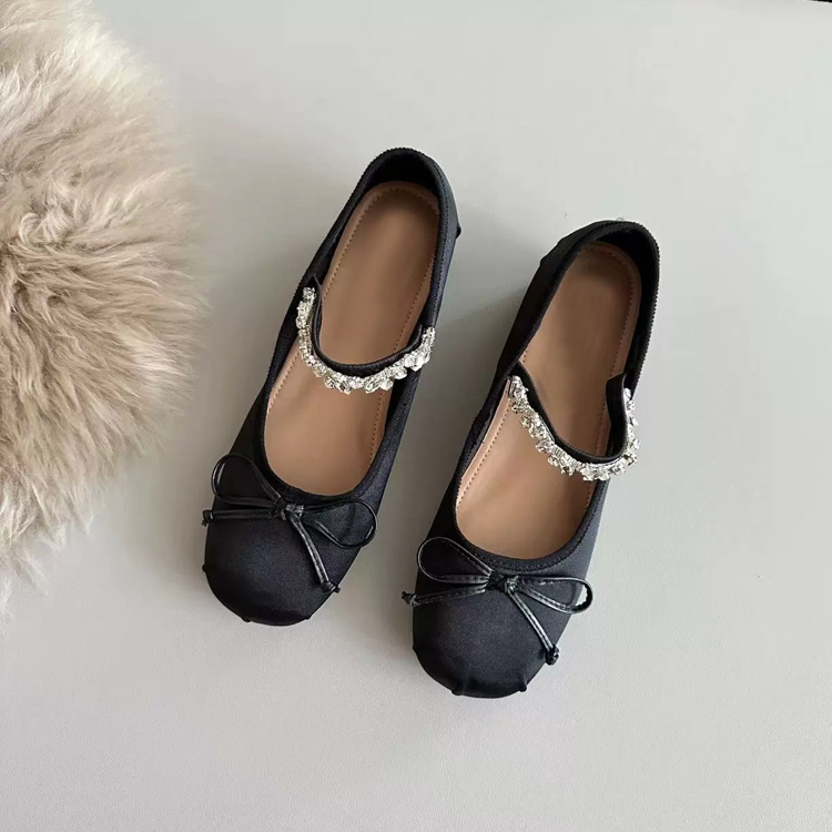 インヒール バレエシューズ レディース 羊革 4cm ヒール サテン　ブラック