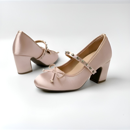 KENPOGEN メリージェーン パンプス リボンモチーフ チャンキーヒール 9cmUP 美脚効果 柔らかい