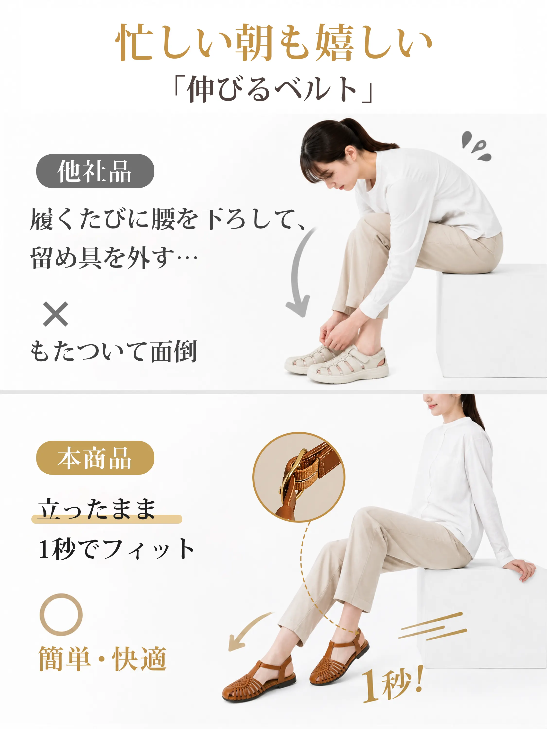 伸びるベルトでサッと履けるKENPOGEN レディース サンダル 脱げにくい 快適なTストラップサンダル