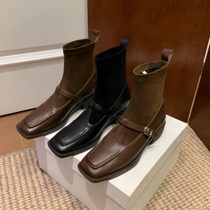 ベルトデザイン 異素材コンビ スクエアトゥショートブーツ