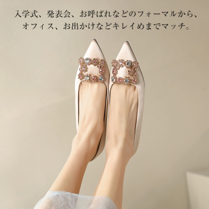 KENPOGEN ポインテッドトゥ パンプス 歩きやすい パンプス インヒール5cmUP ビジュー付きバックル  痛くない