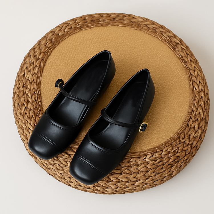 小さいサイズ インヒール メリージェーン靴 7cmUP スクウェア 通勤 オフィス　ブラック