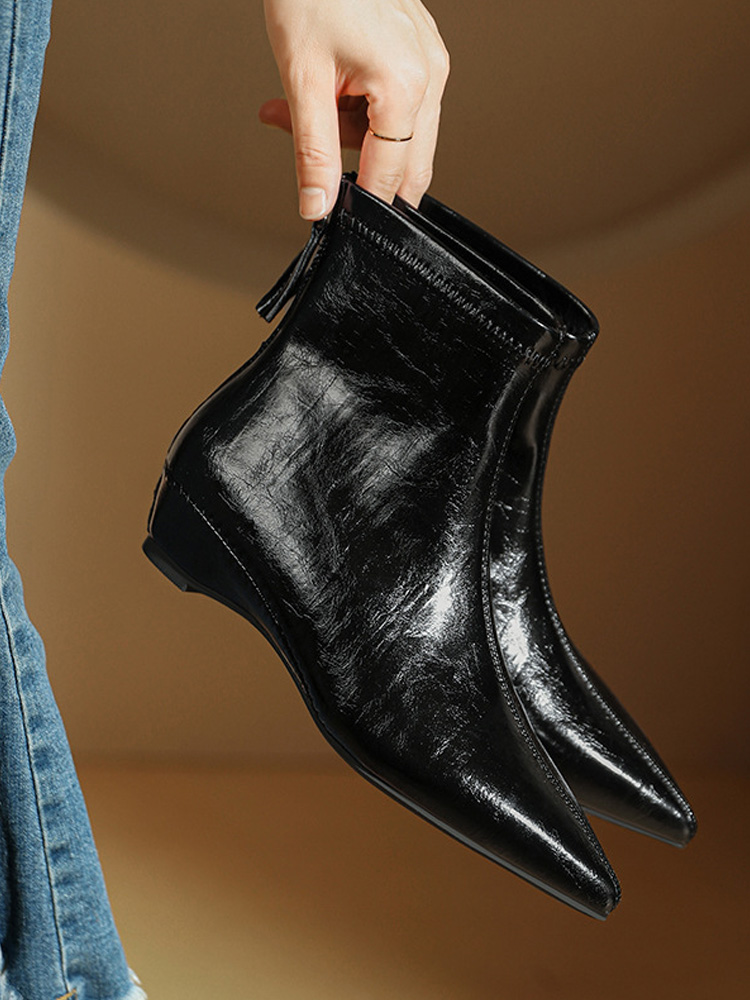 インヒールウェッジマロン色メイラードポインテッドトゥミディアムブーツ