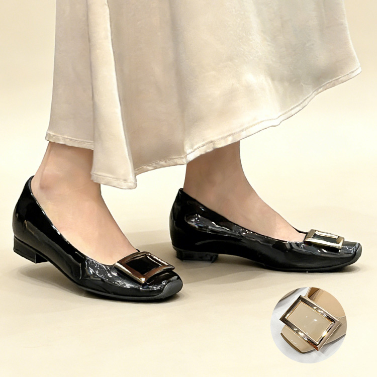 スクエアトゥ ビッグバックル 美脚パンプス