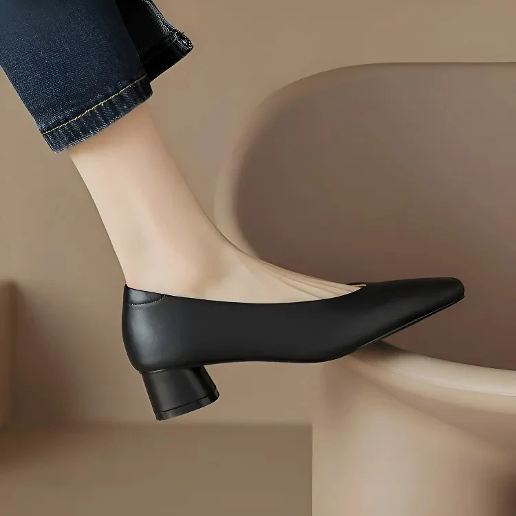 KENPOGEN スクエアトゥパンプス 牛革 手作り 3.5cmUP チャンキーヒール 歩きやすい 通勤 オフィス