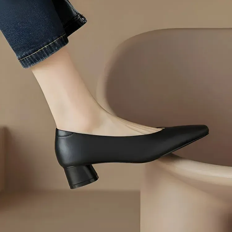 KENPOGEN スクエアトゥパンプス 牛革 手作り 3.5cmUP チャンキーヒール 歩きやすい 通勤 オフィス