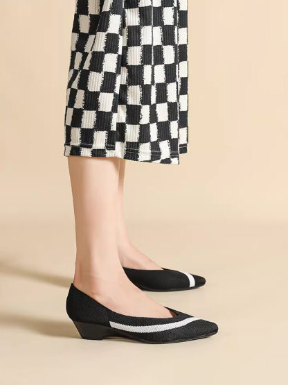 KENPOGEN ニットパンプス ポインテッドトゥシューズ 3.5cmUP ウェッジソール Vカット 通気性 フォーマル