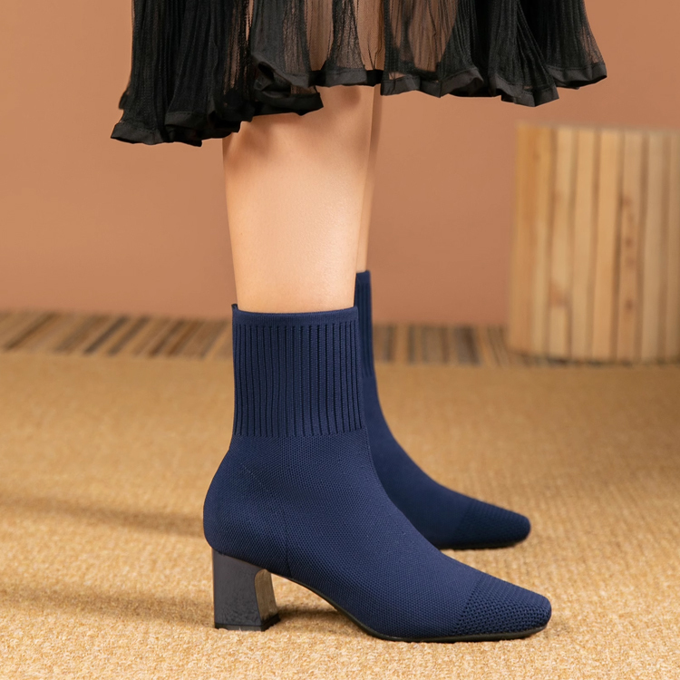 KENPOGEN ニットブーツ 6cmUP ストレッチショートブーツ チャンキーヒール 履き脱ぎしやすい 通勤