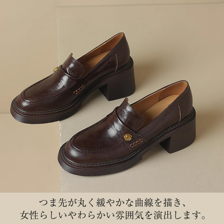 KENPOGEN 羊革ローファー 手作り 6cmUP フラワーモチーフ 太めヒール 安定感抜群 カジュアル