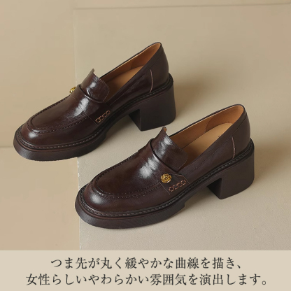 KENPOGEN 羊革ローファー 手作り 6cmUP フラワーモチーフ 太めヒール 安定感抜群 カジュアル