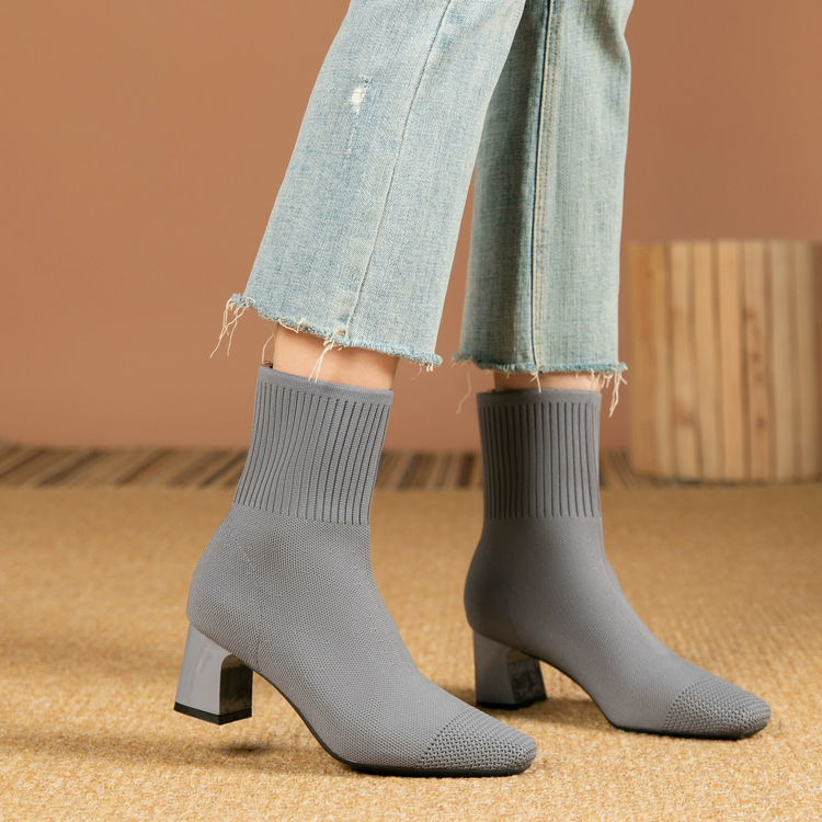 KENPOGEN ニットブーツ 6cmUP ストレッチショートブーツ チャンキーヒール 履き脱ぎしやすい 通勤