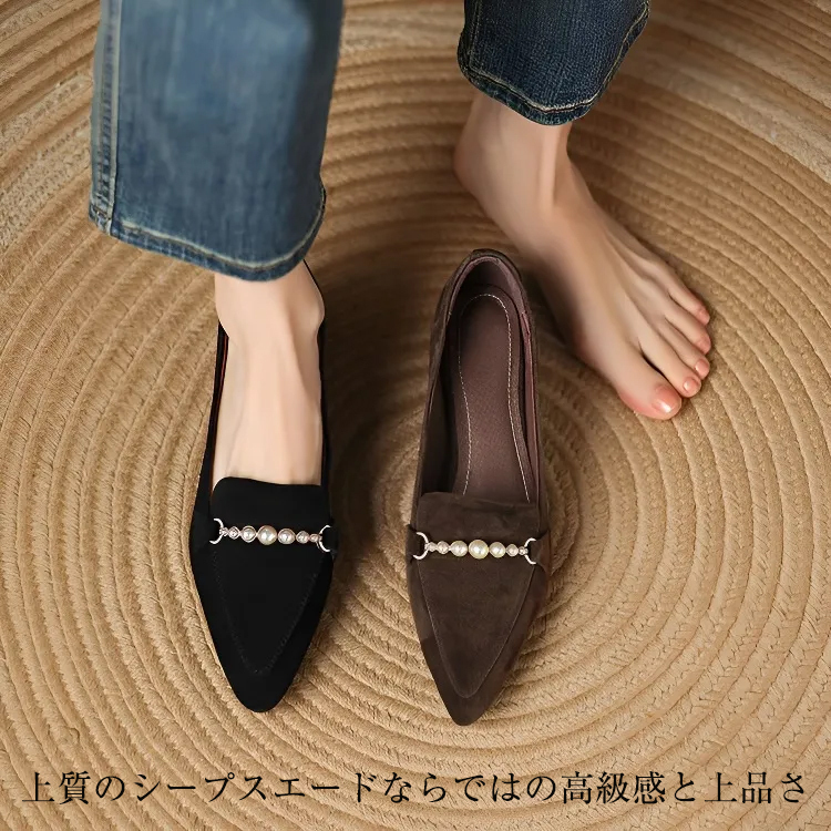 KENPOGEN ビット付きローファー 羊革 手作り ポインテッドトゥ 4cmUP パール飾り 歩きやすい