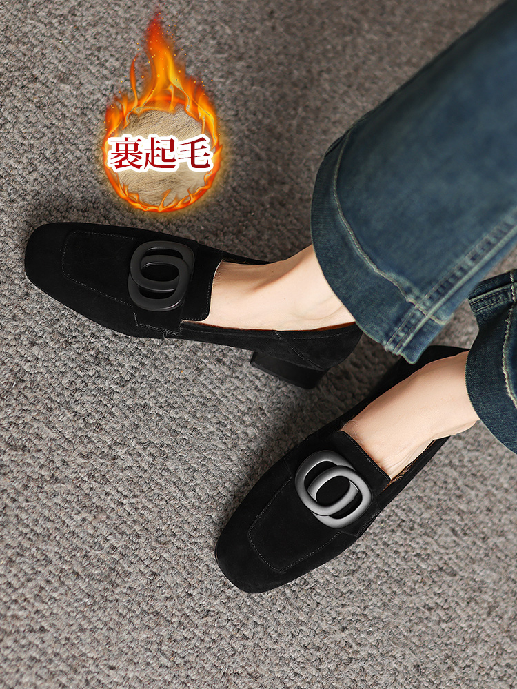 KENPOGEN ボアローファー 羊革 スクエアトゥ 3cmUP バックル付き スエード 防寒 通勤 秋冬用