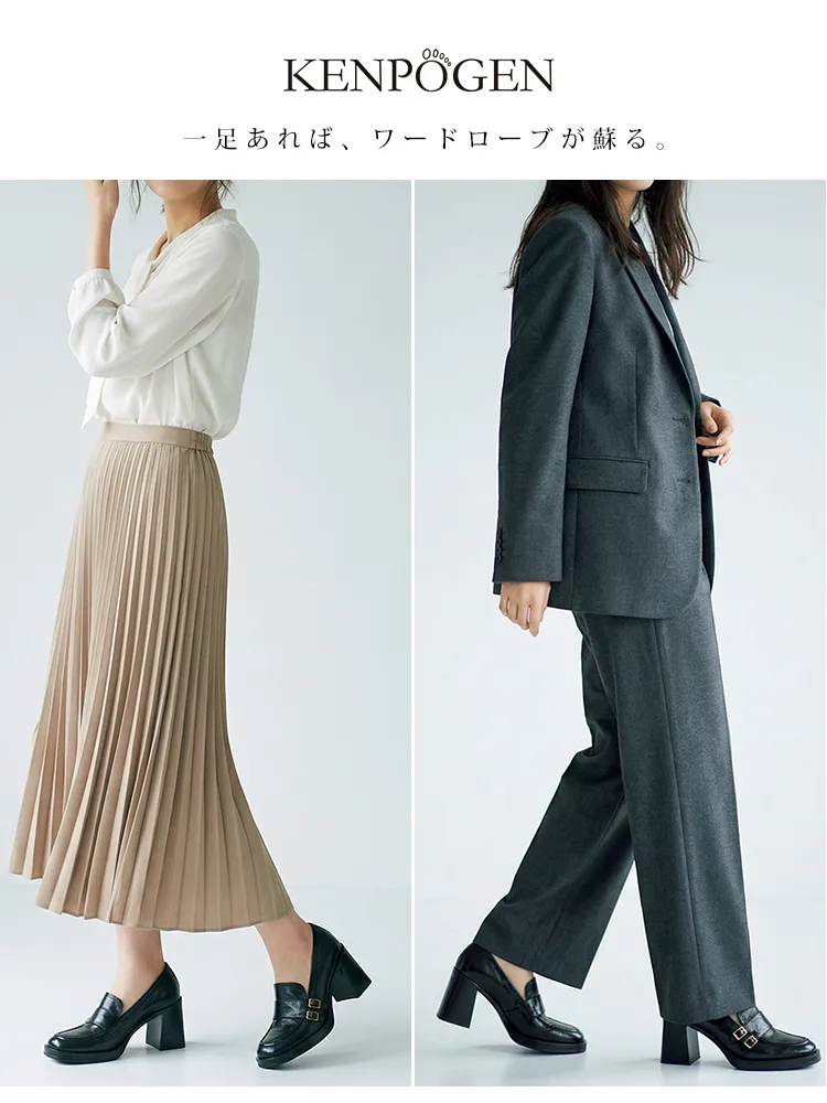 【安定感抜群・走れる太ヒール】KENPOGEN ダブルバックル ローファー 5cm 7.5cm 選べる高さ 痛くない 通勤 黒 スクエアトゥ