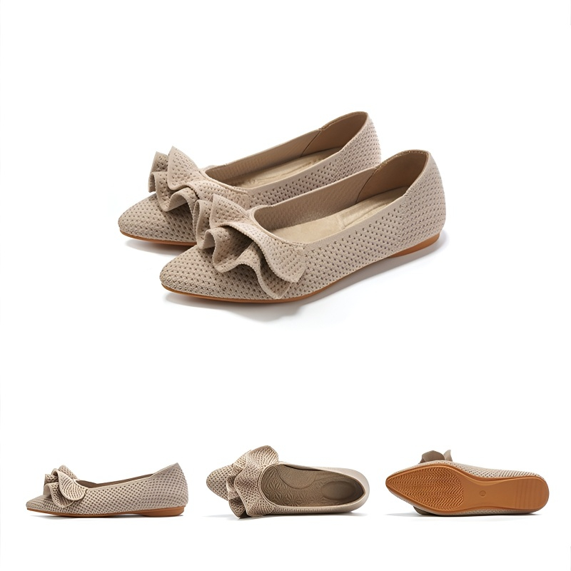 【OUTLET】【洗濯機OK・大人可愛いフリル】KENPOGEN ニットパンプス レディース ぺたんこ靴 ポインテッドトゥ 柔らかい 伸縮性 走れる  通勤 お出かけ 幅広