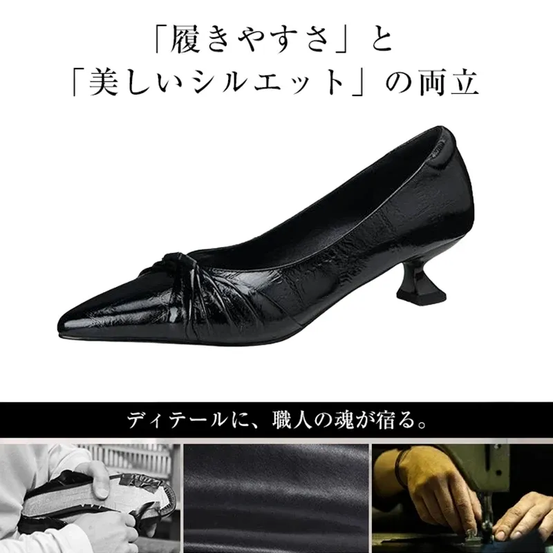 KENPOGEN 牛革パンプス ポインテッドトゥシューズ 4.5cmUP リボン 手作り 疲れにくい 通勤