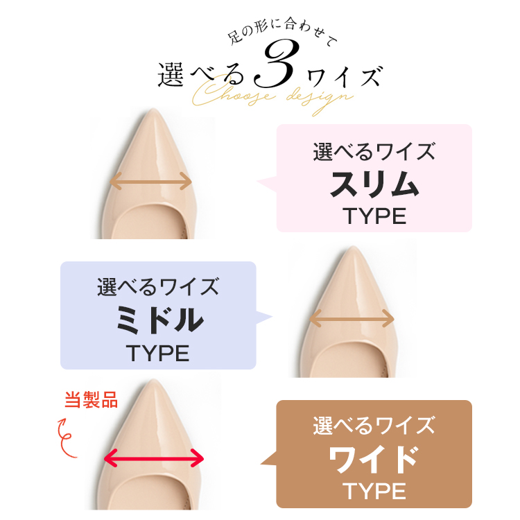 足の形に合わせて選べる3ワイズ。選べるワイズスリムTYPE。選べるワイズミドルTYPE。当製品。選べるワイズワイドTYPE。