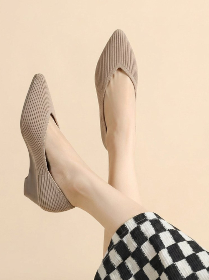 KENPOGEN ニットパンプス ポインテッドトゥシューズ 3.5cmUP ウェッジソール Vカット 通気性 フォーマル