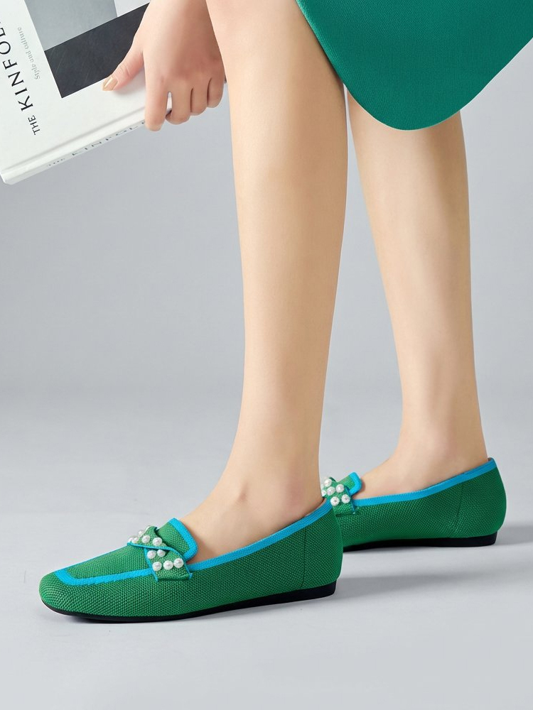 KENPOGEN ニットローファー スクエアトゥ パール飾り フラットシューズ 歩きやすい 滑りにくい 全6色展開 カジュアル オフィス