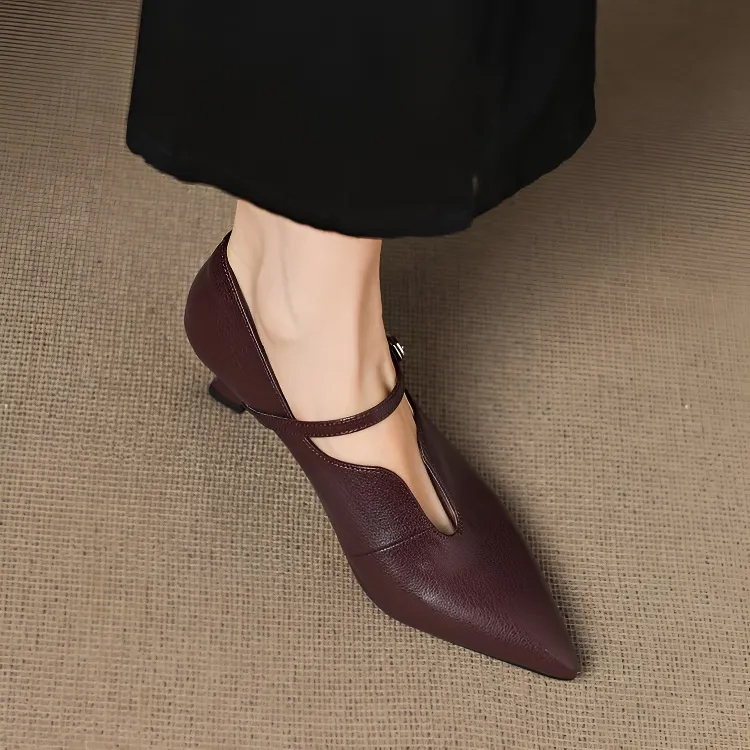 KENPOGEN メリージェーン靴 Uカット ポインテッドトゥパンプス 羊革 手作り 5cmUP オフィスカジュアル