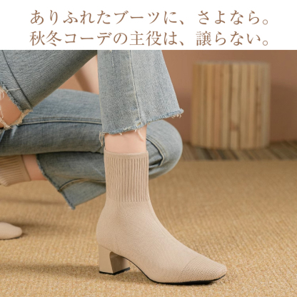 KENPOGEN ニットブーツ 6cmUP ストレッチショートブーツ チャンキーヒール 履き脱ぎしやすい 通勤