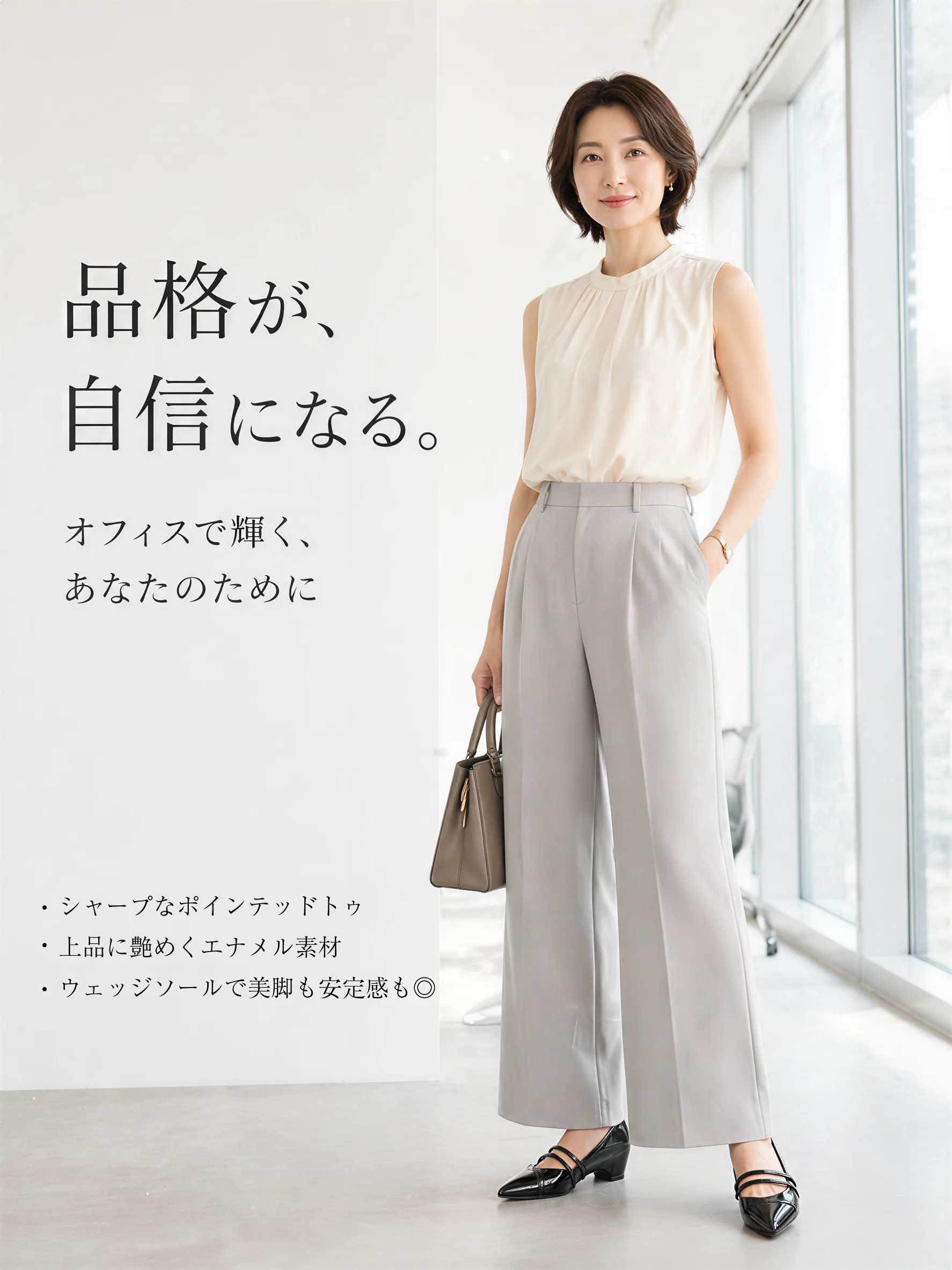 KENPOGEN ブラックエナメルパンプス オフィスで輝く品格と自信 ポインテッドトゥとウェッジソールで美脚と安定感を両立 きれいめ通勤コーデ