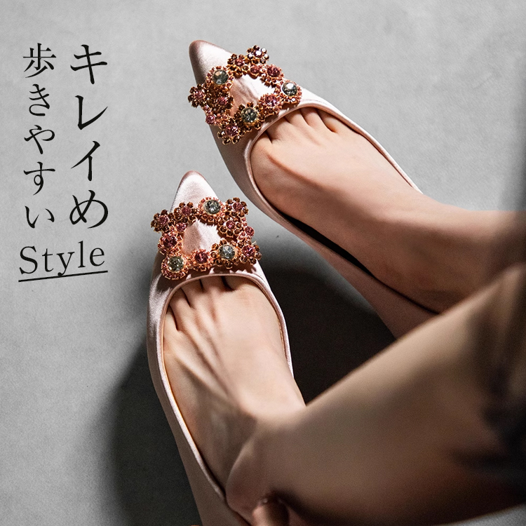 KENPOGEN ポインテッドトゥ パンプス 歩きやすい パンプス インヒール5cmUP ビジュー付きバックル  痛くない