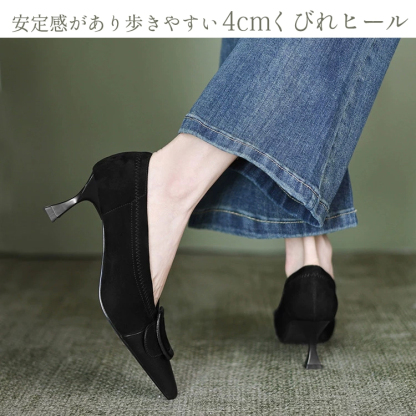 KENPOGEN バックル付きポインテッドトゥパンプス 羊革 手作り 幅広 4cmUP フレンチヒール 柔らかい フィット感 通勤 オフィス