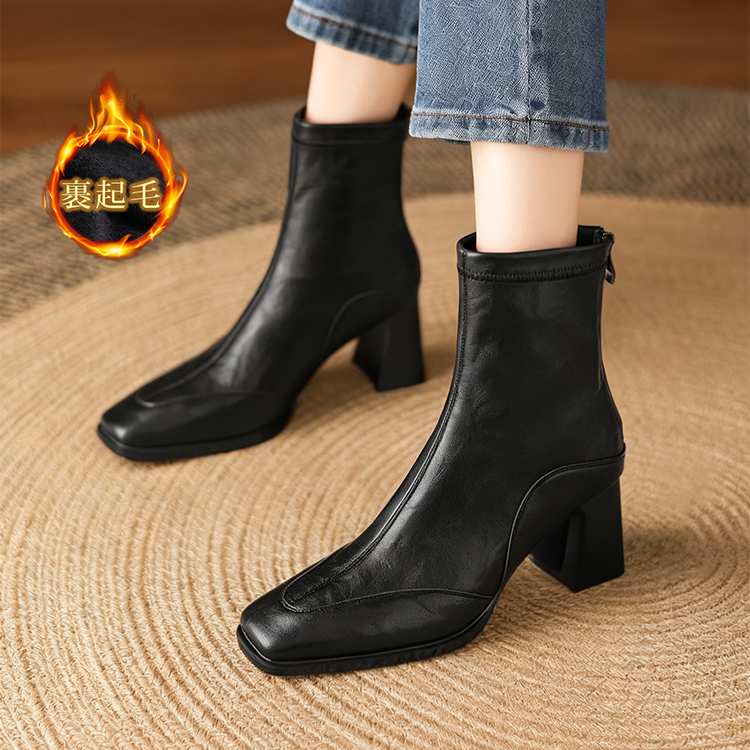 KENPOGEN スクエアトゥショートブーツ 5cm・7cmチャンキーヒール 美脚 歩きやすい 高見え 秋 冬