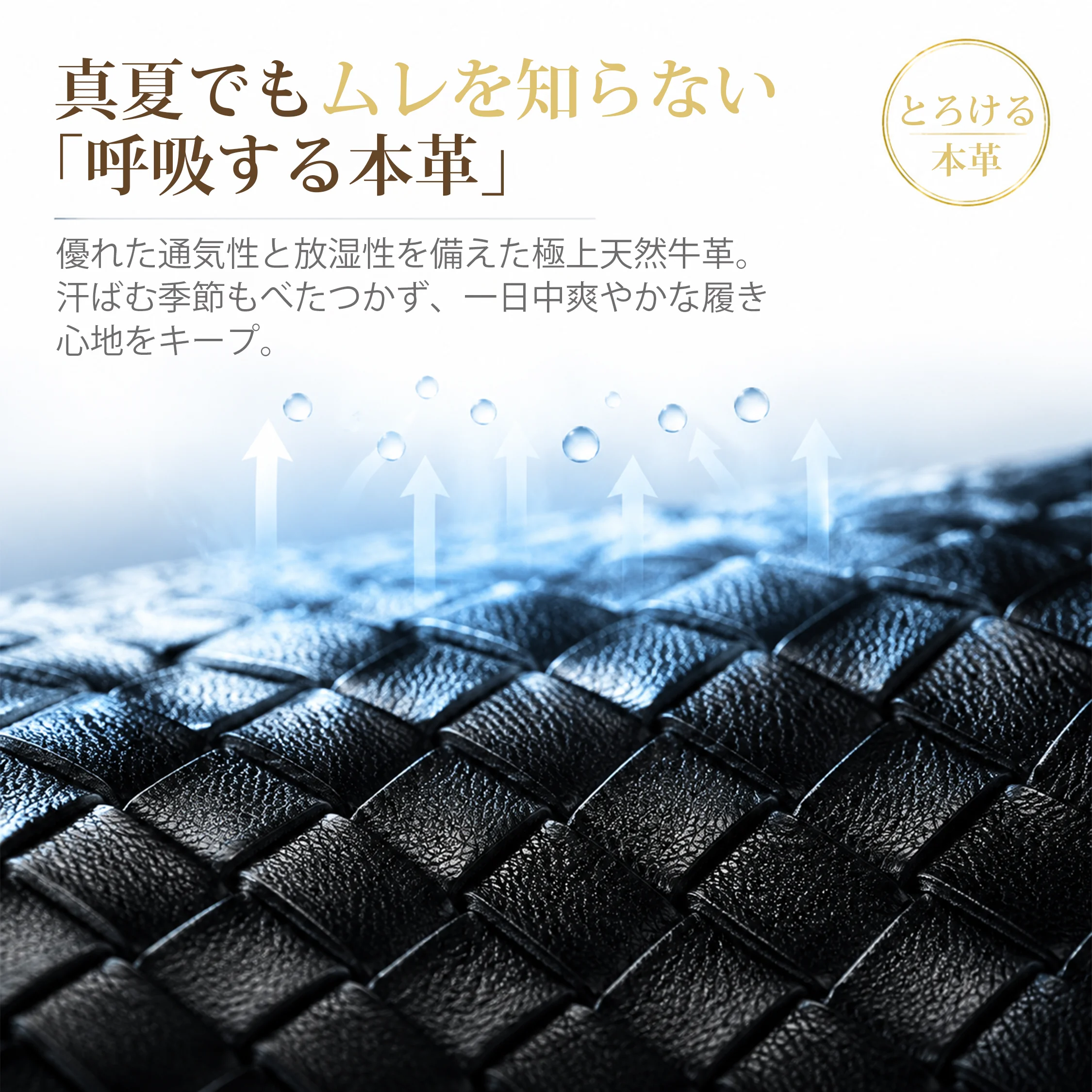 通気性のある本革編み込みミュール素材アップ