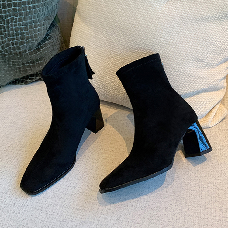 KENPOGEN ショートブーツ スクエアトゥ チャンキーヒール バックジッパー付き 5・7cmヒール エナメル調 スエード調 美脚 歩きやすい 通勤 お出かけ