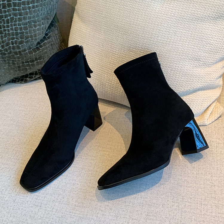 KENPOGEN ショートブーツ スクエアトゥ チャンキーヒール バックジッパー付き 5・7cmヒール エナメル調 スエード調 美脚 歩きやすい 通勤 お出かけ