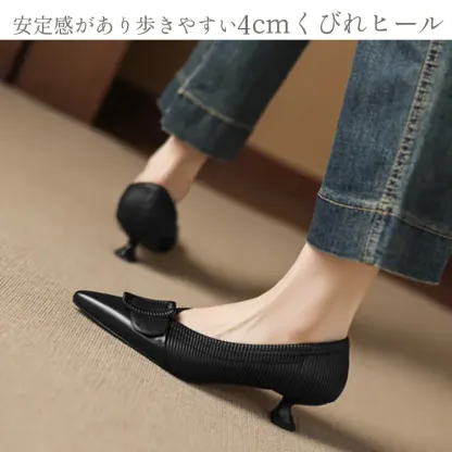 KENPOGEN バックルモチーフパンプス 羊革 手作り 4cmUP ポインテッドトゥシューズ 柔らかい 歩きやすい