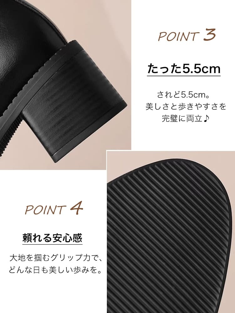  5.5cmのチャンキーヒールと、グリップ力のある靴底の凹凸の拡大写真