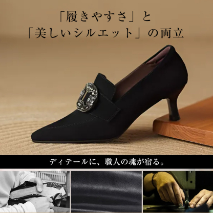 KENPOGEN ポインテッドトゥパンプス 羊革 手作り靴 5.5cmUP スエード ビジュー バックル エレガント