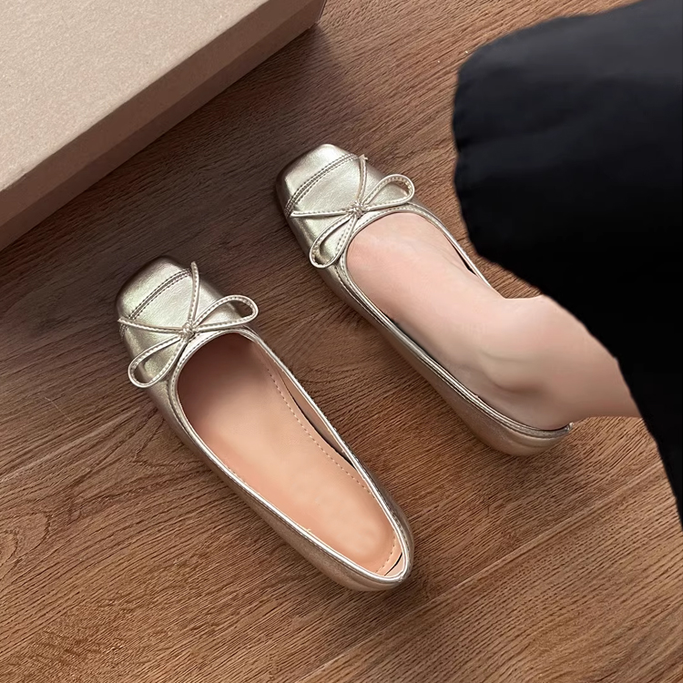 シルバー リボン付きバレエシューズ KENPOGEN バレエシューズ リボン付きパンプス インヒール 5cmUP