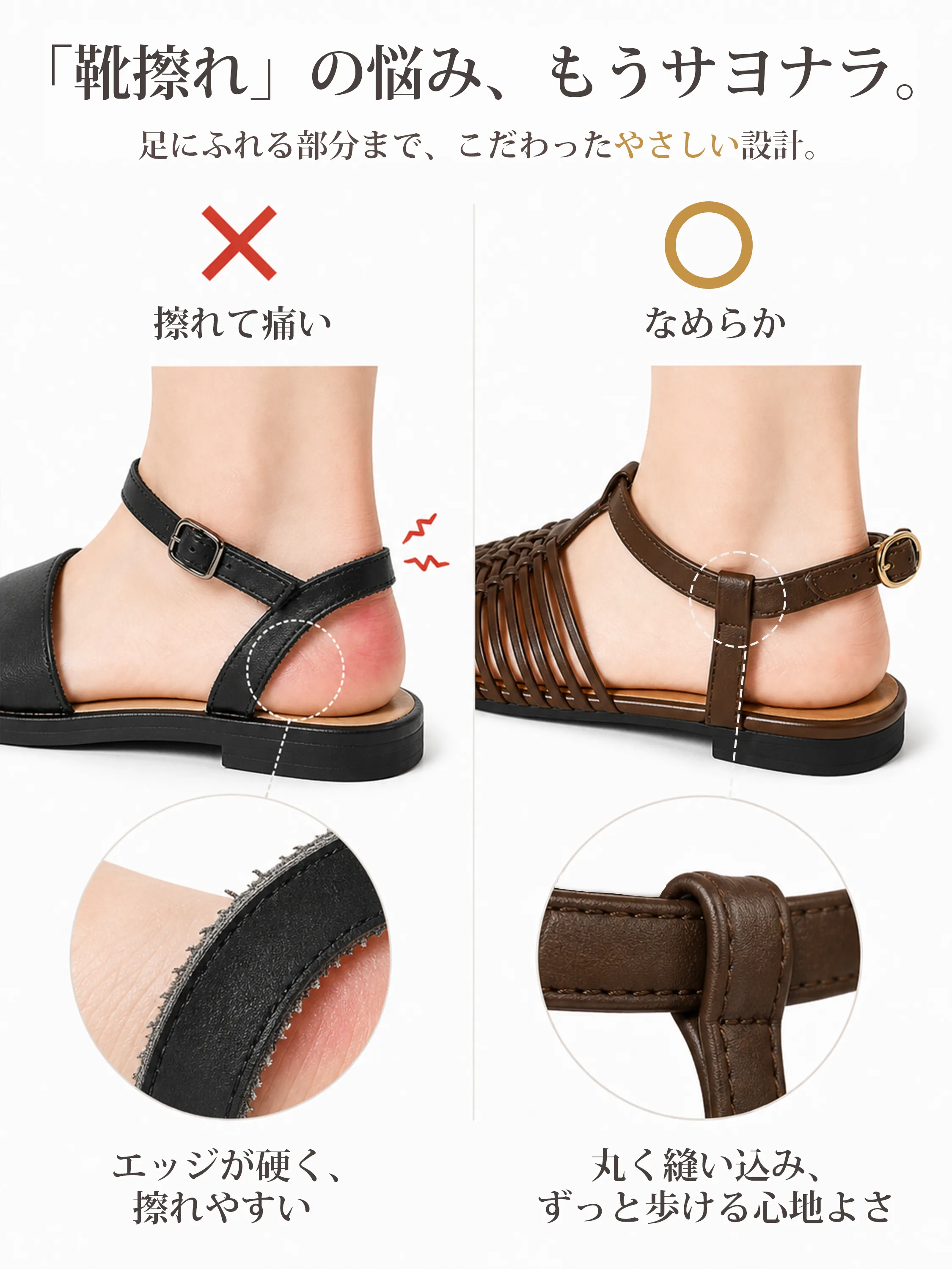 靴擦れしにくいやわらか設計のレディースメッシュサンダル かかとにやさしい 痛くない夏サンダル