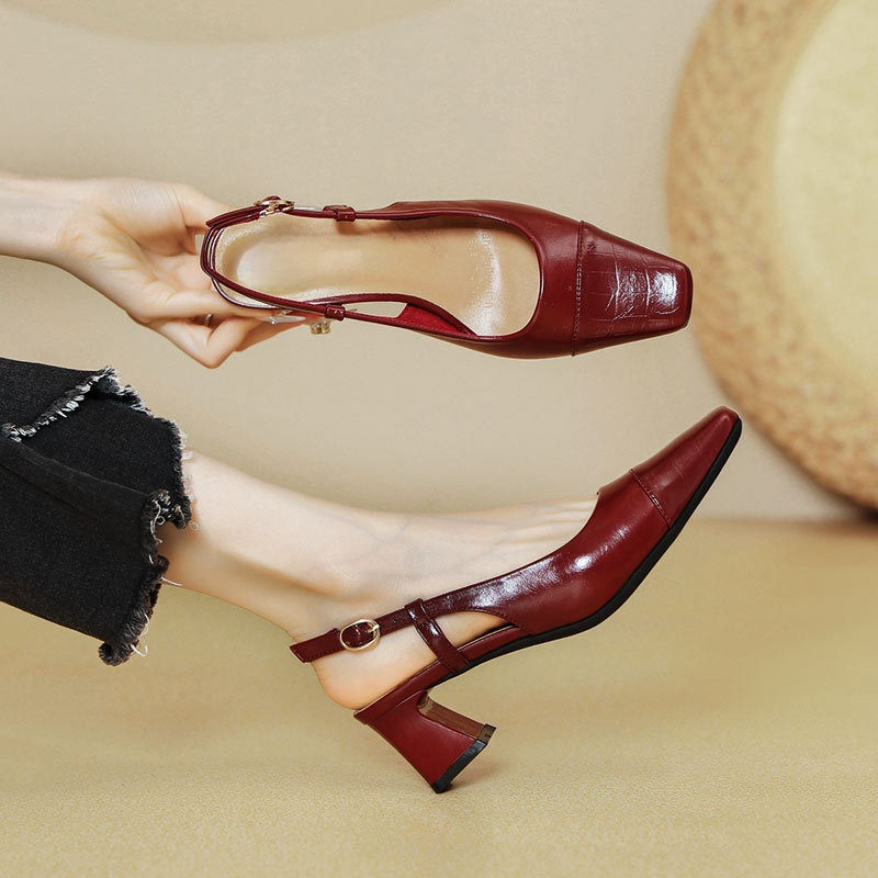 小さいサイズ  バックストラップ ミュール 5cmUP スクエアトゥ 柔らかい エレガント ワインレッド