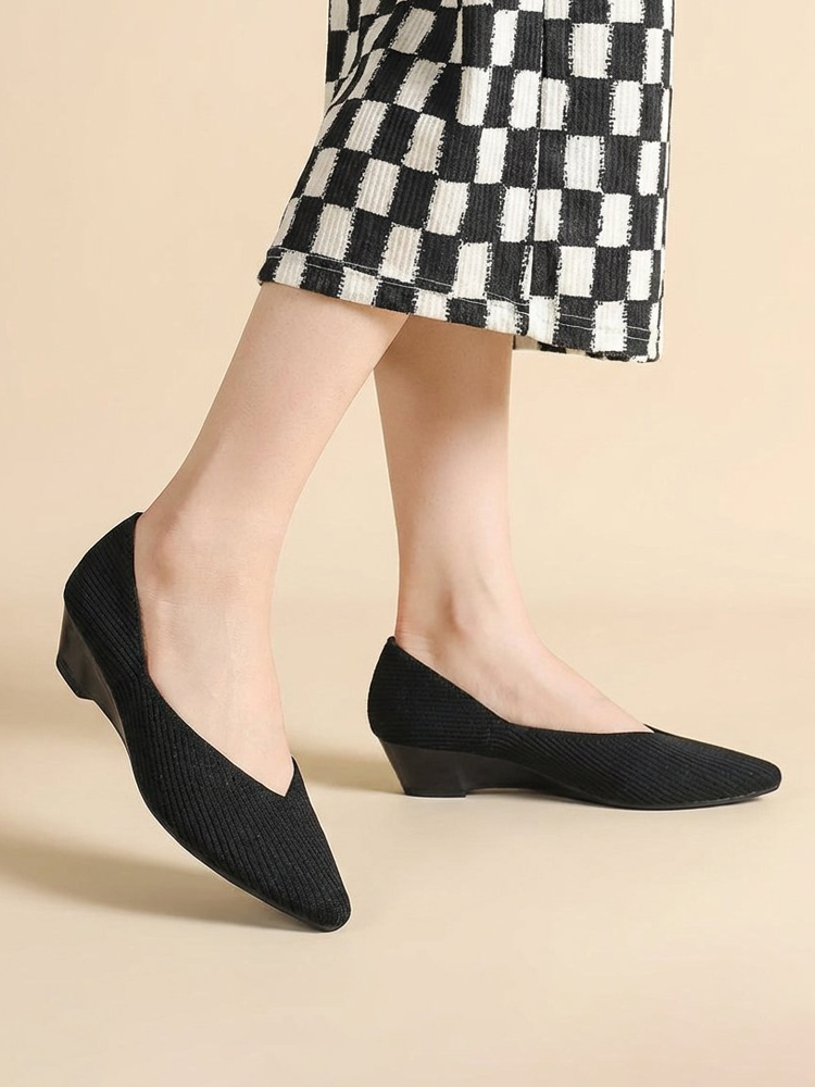 KENPOGEN ニットパンプス ポインテッドトゥシューズ 3.5cmUP ウェッジソール Vカット 通気性 フォーマル