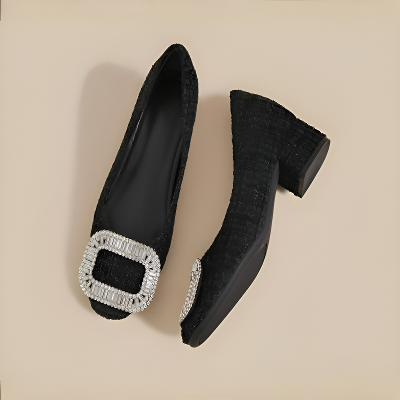 ビジューバックル 6cm美脚チャンキーヒールパンプス