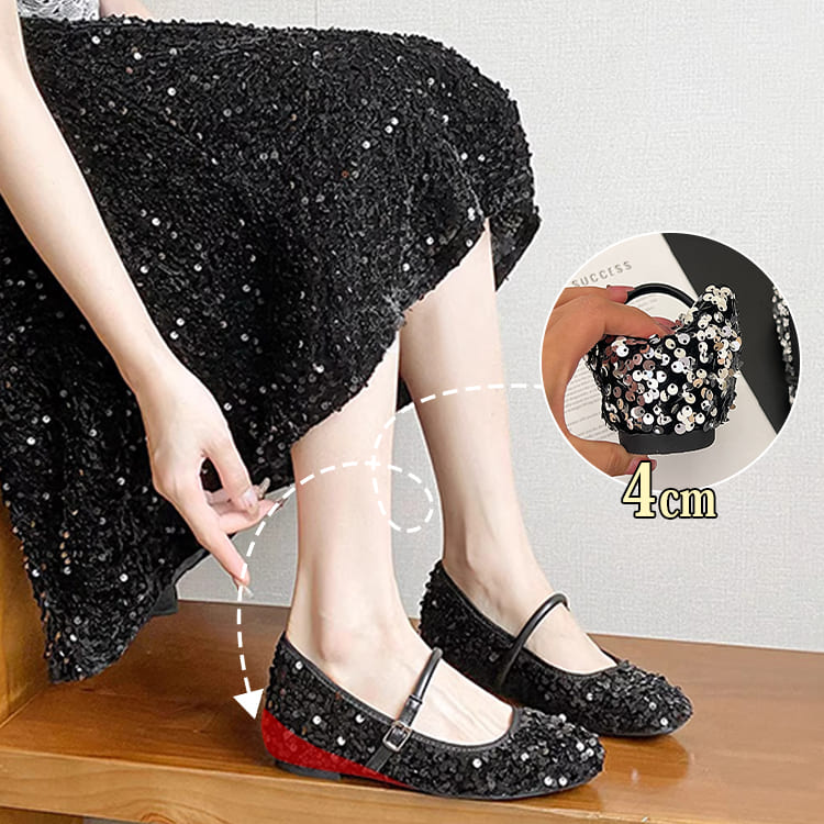 KENPOGEN スパンコール メリージェーン靴 インヒール 4cmUP スクエアトゥ キラキラ トレンド感 歩きやすい