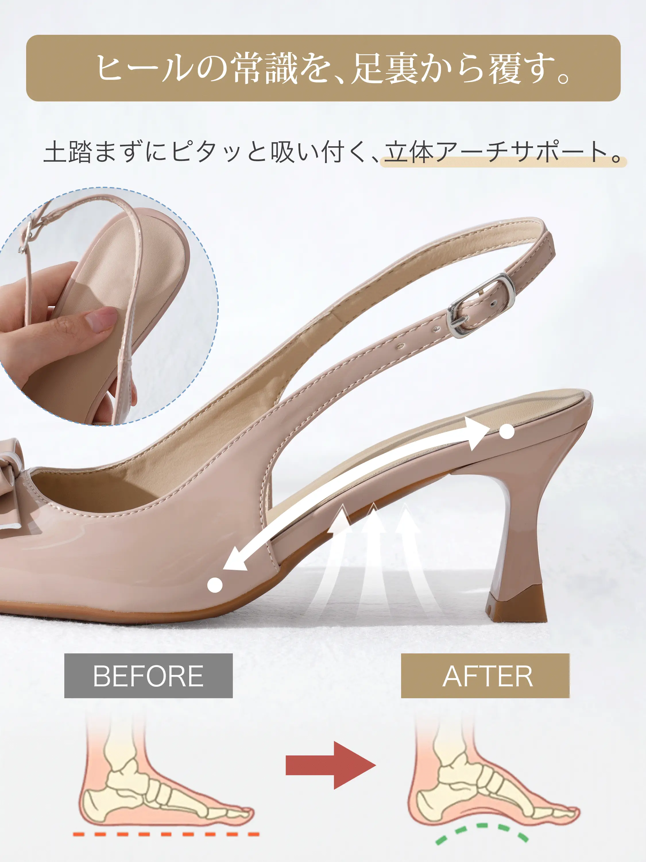 立体アーチサポート搭載のバックストラップパンプス 土踏まずにフィットして歩行をサポート ヌードピンク