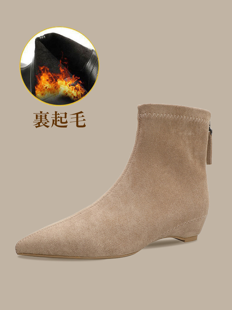 インヒールウェッジマロン色メイラードポインテッドトゥミディアムブーツ