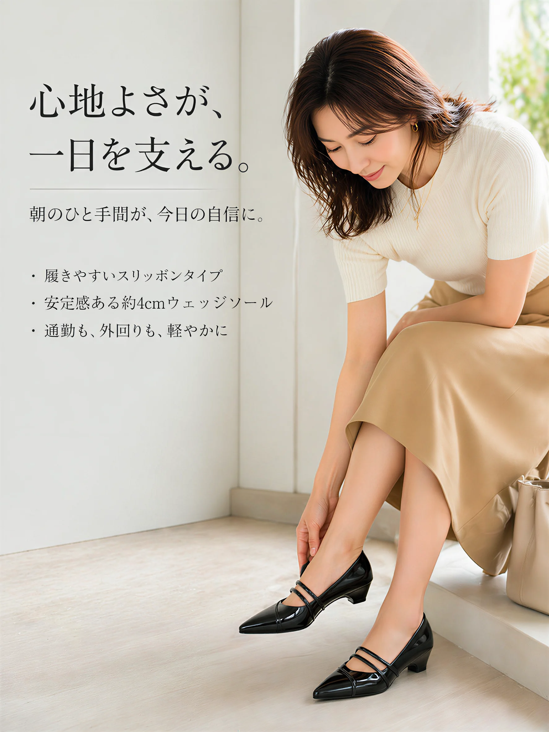 KENPOGEN ブラックパンプス 心地よさが一日を支える 履きやすいストラップ付きスリッポン 安定の4cmウェッジソールで通勤も快適