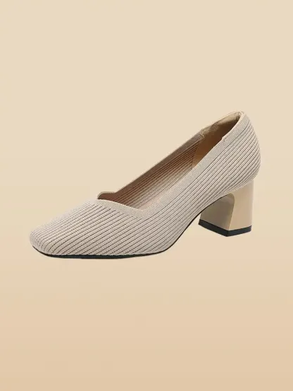 KENPOGEN ニットパンプス スクエアトゥシューズ 6cmUP チャンキーヒール Vカット 柔らかい 通勤