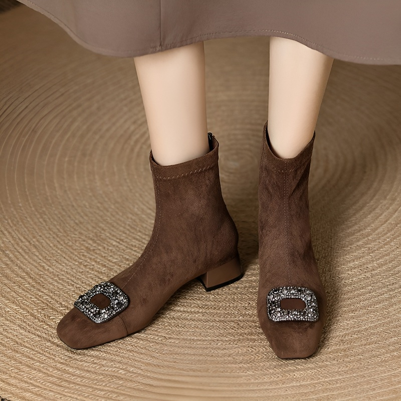 スクエアビジュー スエード調 裏起毛ショートブーツ