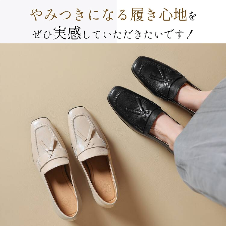 KENPOGEN ローファー スクエアトゥシューズ 羊革 手作り リボン 5cmUP 柔らかい 通勤 オフィス
