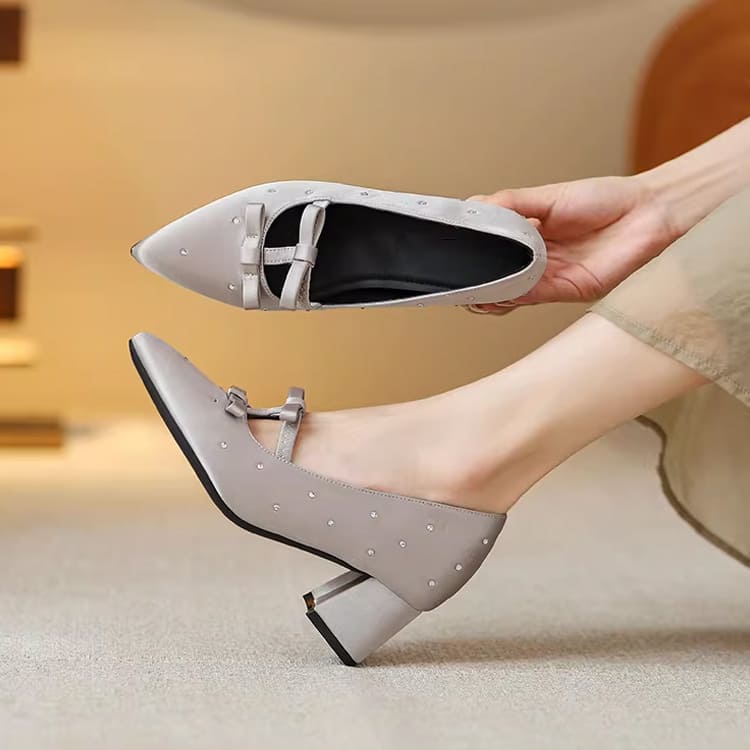 KENPOGEN ポインテッドトゥ パンプス Tストラップ シューズ インヒール5cmUP ダブルリボン 疲れない 歩きやすい