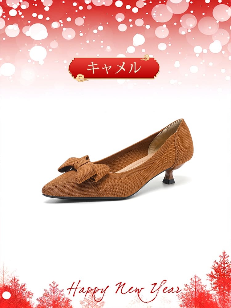 KENPOGEN ニットパンプス リボン付きパンプス 4cmUP ポインテッドトゥ 痛くない 歩きやすい