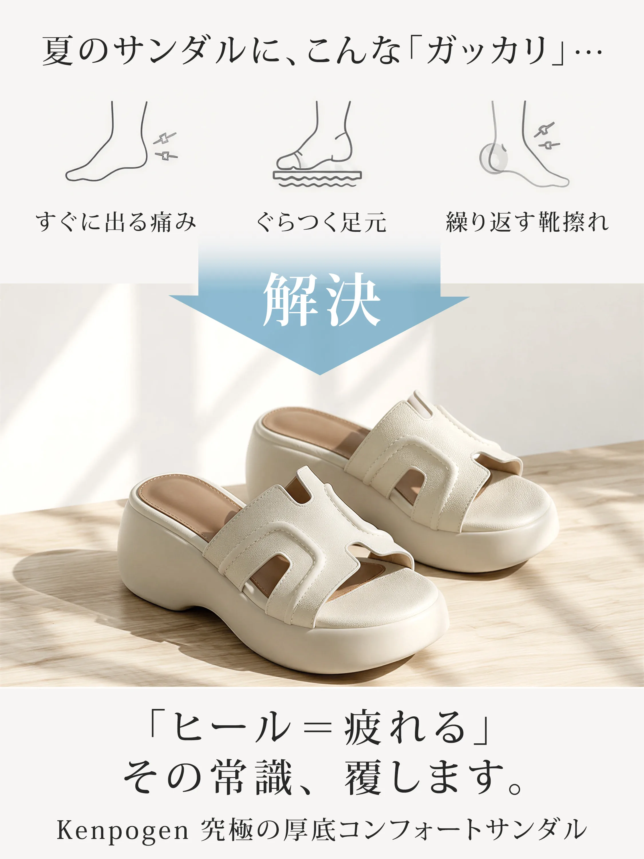 痛み ぐらつき 靴擦れに悩む女性向け KENPOGEN 厚底ミュールサンダル 疲れにくく安定感のある夏サンダル

